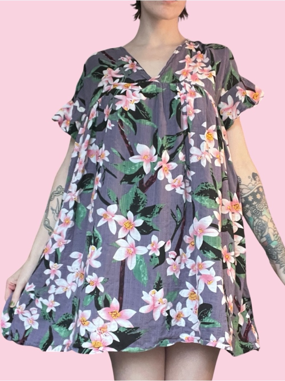 Floral V-Neck Babydoll Dress in Purple and Pink Indie Beach